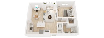 A top down view of a small apartment with a kitchen, living room, and bedroom.