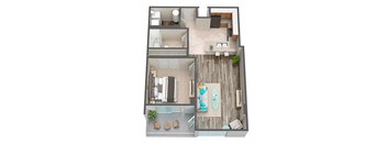 A floor plan of a house with a kitchen, living room, and bathroom.