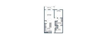 A floor plan of a small apartment with a bedroom, living room, and kitchen.