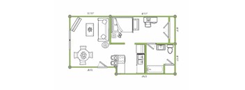 A floor plan of a house with a kitchen, living room, and bathroom.