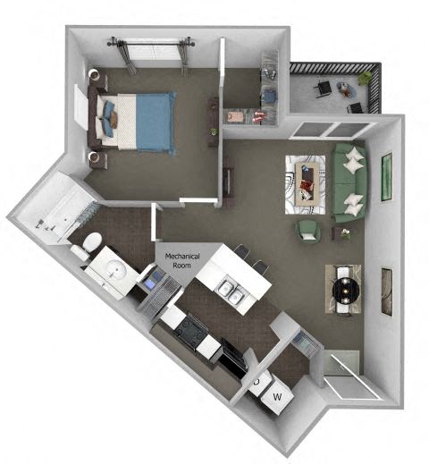 A 3D floor plan of a house with a mechanical room.