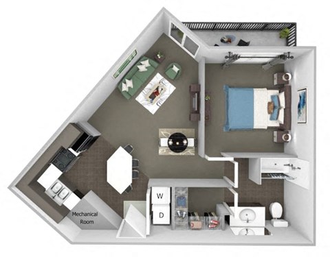 A top-down view of a small apartment with a mechanical room.