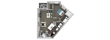 A floor plan of a small apartment with a kitchen, living room, and bathroom.
