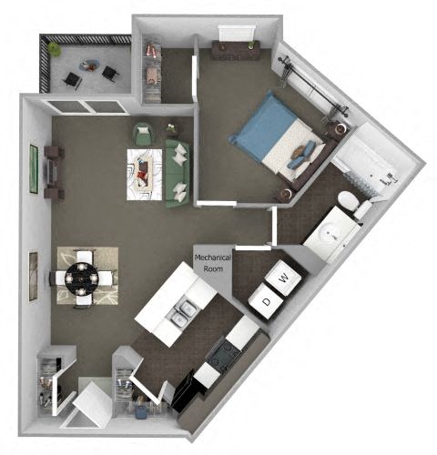 A floor plan of a small apartment with a kitchen, living room, and bathroom.