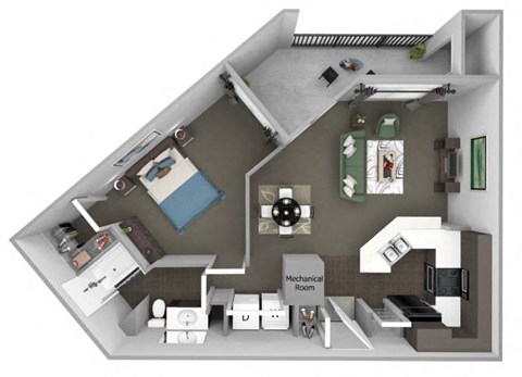 A 3D image of a house layout with a mechanical room.