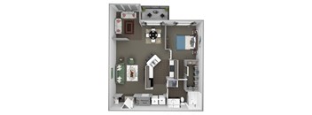 A floor plan of a small apartment with a kitchen, living room, and bedroom.