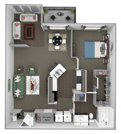 A floor plan of a small apartment with a kitchen, living room, and bedroom.