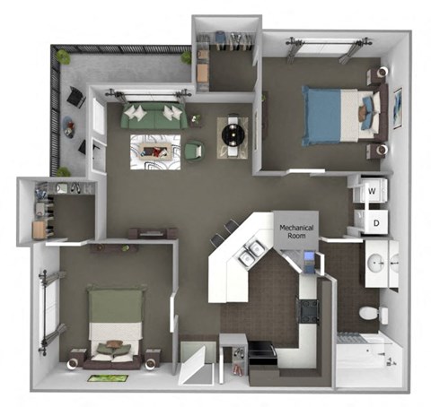 A floor plan of a house with a mechanical room labeled D.