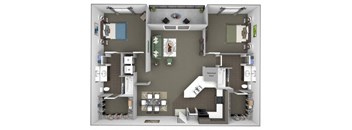 A 3D floor plan of a house with a kitchen, living room, and bathroom.