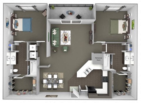A 3D floor plan of a house with a kitchen, living room, and bathroom.
