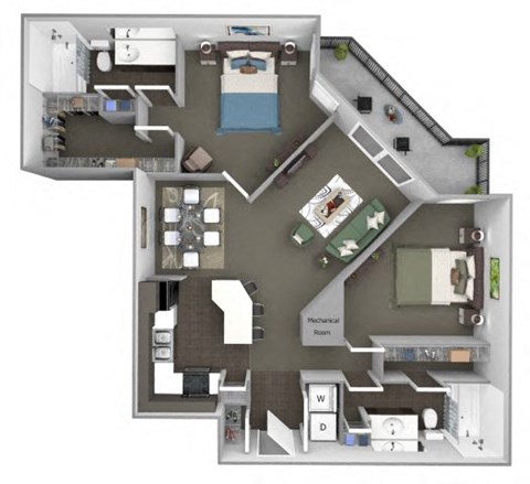 A floor plan of a house with a mechanical room and a kitchen.