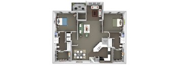 A floor plan of a house with a kitchen, living room, and two bedrooms.