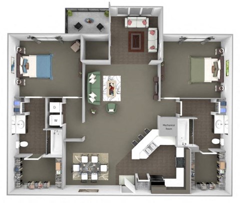 A floor plan of a house with a kitchen, living room, and two bedrooms.