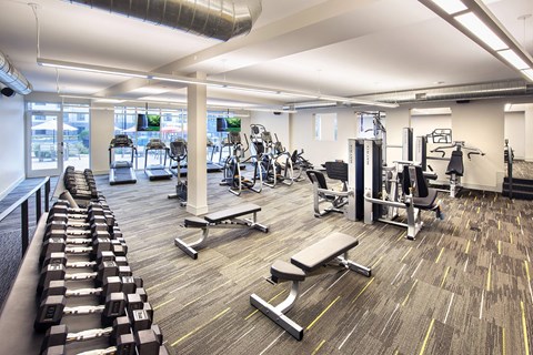 A gym with a variety of equipment including weights and benches.