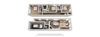 A 3D floor plan of a house with two bedrooms, a living room, a kitchen, and a garage.