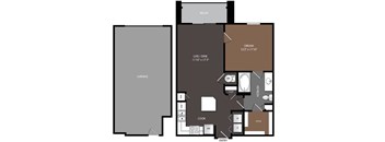 A floor plan of a house with a garage, a living area, a kitchen, and a bathroom.