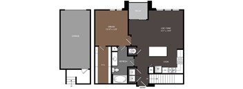 A floor plan of a house with a garage, a living room, a dining room, a kitchen, and a bathroom.
