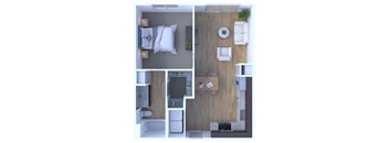 A top-down view of a small apartment with a bedroom, living room, and kitchen.