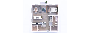A top-down view of a small apartment with a kitchen, living room, and bedroom.