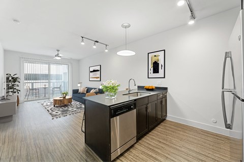 A modern kitchen with black cabinets and stainless steel appliances.