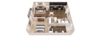 A 3D floor plan of a house with a living room, kitchen, and two bedrooms.