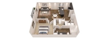 A top-down view of a living room with a couch, chairs, and a coffee table.