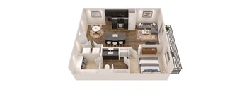 A top-down view of a modern apartment with a kitchen, living room, and bedroom.
