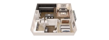 A top-down view of a living room with a couch, coffee table, and a rug.