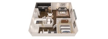 A top down view of a small apartment with a living room, kitchen, and two bedrooms.