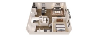 A top down view of a small apartment with a living room, kitchen, and bedroom.