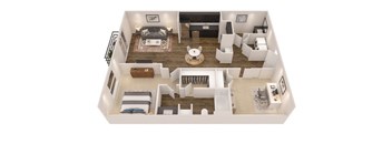 A top down view of a living room, kitchen, and bedroom in a house.