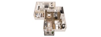 A top-down view of a house layout with a kitchen, living room, and dining area.