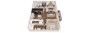 A top-down view of a house interior with a living room, kitchen, and two bedrooms.