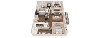 A top-down view of a house with a living room, kitchen, dining room, and bedrooms.
