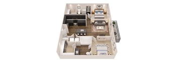 A top-down view of a modern apartment layout with a living room, kitchen, dining area, and bedrooms.