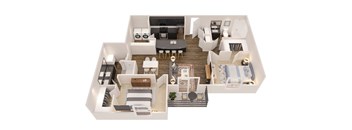 A 3D floor plan of a house with a kitchen, living room, dining room, and bedrooms.