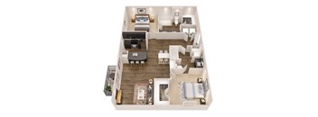 A top-down view of a modern apartment layout with a living room, kitchen, dining area, and bedrooms.