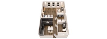 A top down view of a small apartment with a kitchen, living room, and bedroom.