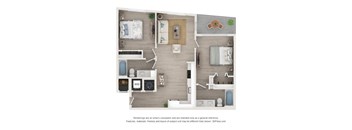 A 3D floor plan of a house with a kitchen, living room, and bathroom.