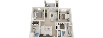 A 3D floor plan of a small apartment with a kitchen, living room, and bathroom.