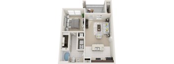 A dollhouse with a kitchen, living room, and bathroom.