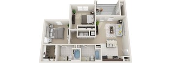 A 3D floor plan of a small apartment with a kitchen, living room, and bathroom.