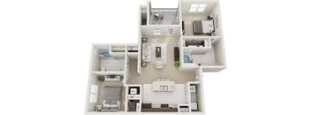 A 3D floor plan of a small apartment with a kitchen, living room, and bedrooms.