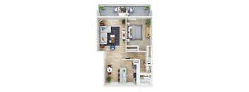 A top-down view of a small apartment with a kitchen, living room, and bedroom.