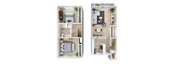 A floor plan of a two-bedroom apartment with a living room, kitchen, and bathroom.