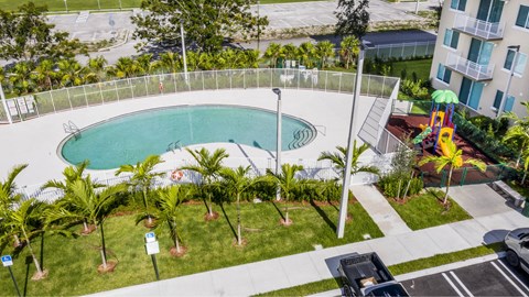 A pool surrounded by palm trees and a playground.