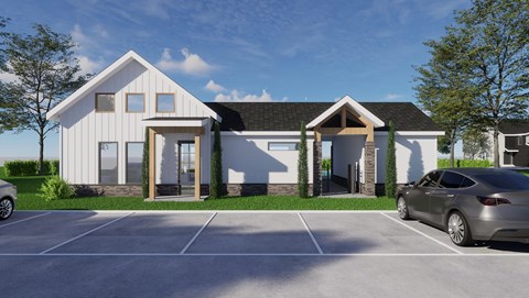 A modern house with a car parked in front.