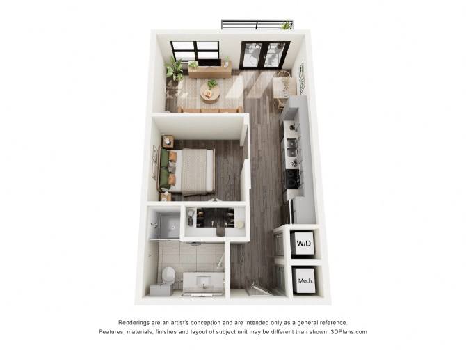 A 3D floor plan of a small apartment with a kitchen, living room, and bathroom.
