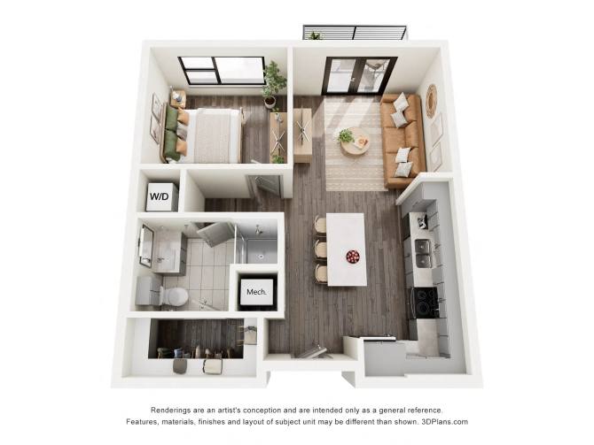 A 3D floor plan of a small apartment with a kitchen, living room, and bathroom.