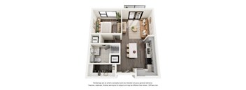 A 3D floor plan of a small apartment with a kitchen, living room, and bathroom.